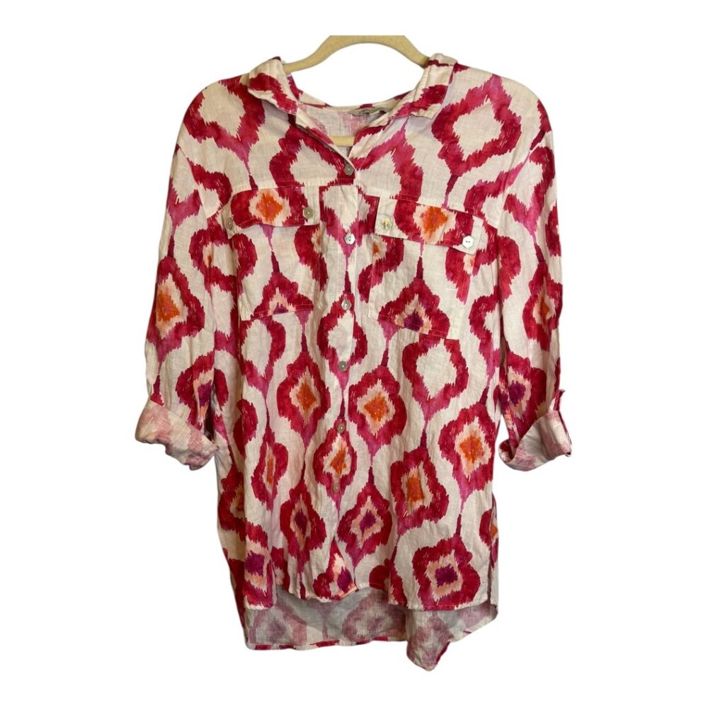 John Mark Blouse Women's Size Medium‎ Abstract Wire Collar Artsy Linen Blend